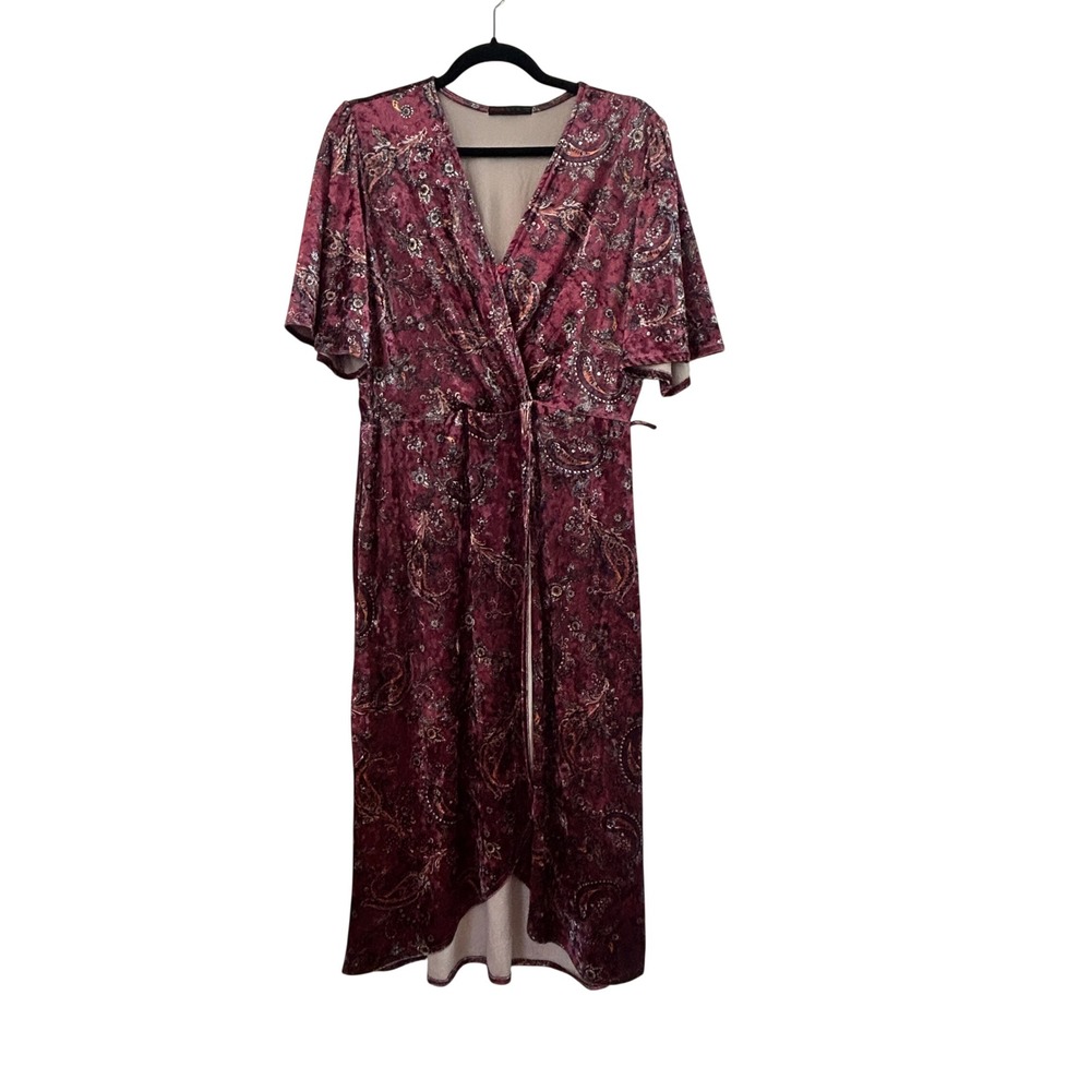 Fraiche by J Burgundy Paisley Velvet Faux Wrap Midi Dress XL Short Sleeve V-Neck